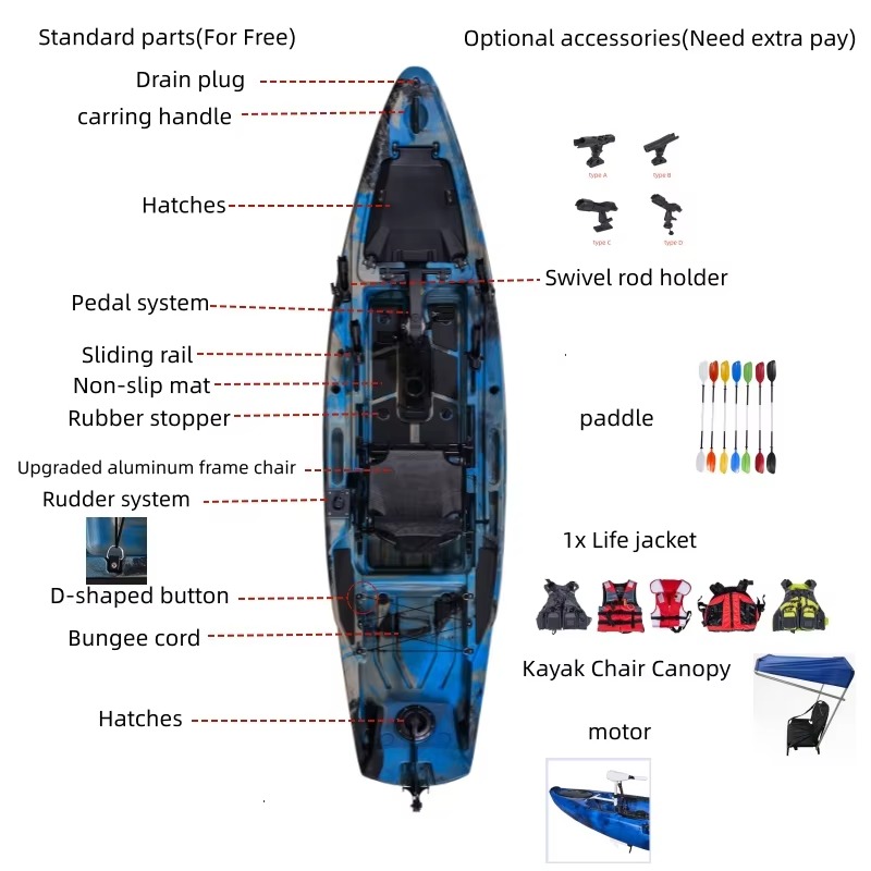 Fishing Kayak Pedal Drive - 12フィートの安定したペダル式フィッシングカヤック、フィン・ドライブシステム搭載、HDPE製一人用カヤック、海釣りやウォータースポーツに最適